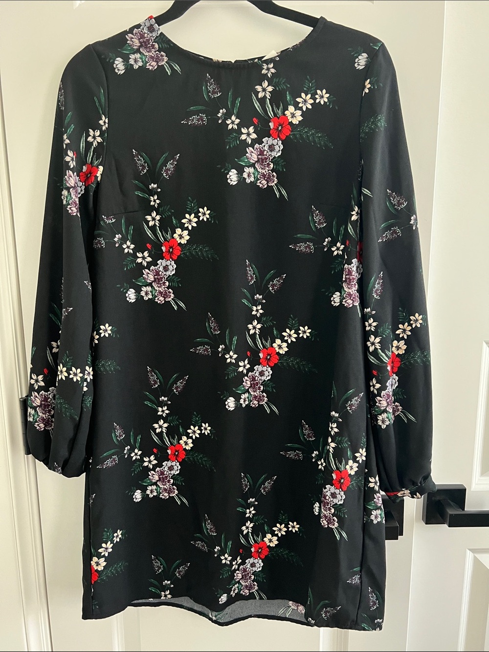 H&M Black Long-Sleeve Floral Shift Dress with Red & Purple Accents